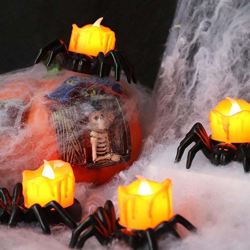 YBB 6 Pcs Halloween Spider Tea Lights, Novelty LED Flameless Spider Candle Holder Battery Operated Orange Tea Lamps for Halloween Party Table Home Spooky Decor - Image 3